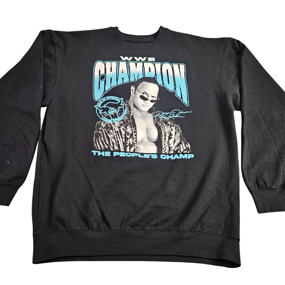 WWE The Rock Sweatshirt Mens XL Black‎ The Peoples Champ Oldschool Wrestling